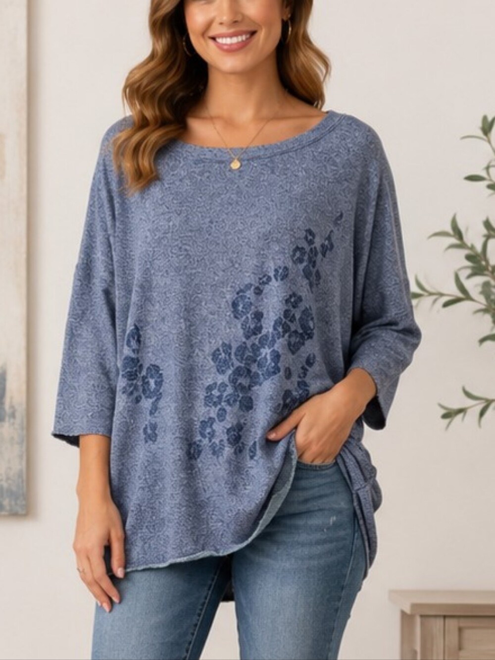 Simpli-U Leopard Print Knit Tunic Top – Blue Heather Size XL NWT